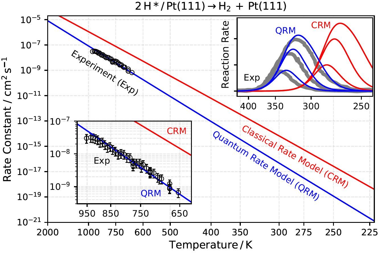 New experiments clearly distinguish the accuracy of different rate constant models. The Classical Rate Model (CRM) fails describing the experiment because it ignores electronic spin and nuclear quantum effects. Both quantum effects are included in the Quantum Rate Model (QRM), which yields perfect agreement with the experimental data (Exp).