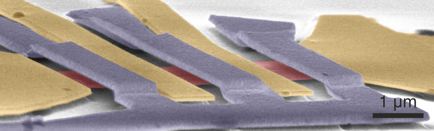 Scanning electron microscope image of a contacted, two-atom-thick, free-floating graphene flake with a free-floating metal bridge hovering above it.