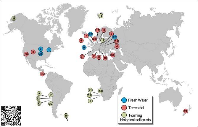 Worldmap showing the broad habitat range of the algal class Klebsormidiophyceae. Samples were taken from the hottest (Atacama desert) to the coldest (Antarctic) regions. Next to fresh water and terrestrial alga species, biological soil crust-forming algae were also included in the study.
