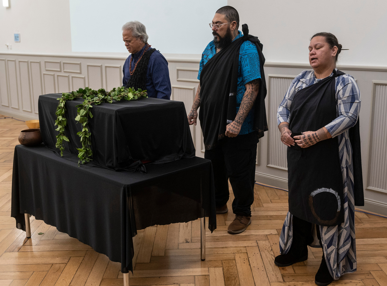 Prayer by the Hawaiian delegation: Edward Halealohu Ayau, Kaleahu Caceres and Mana Caceres
