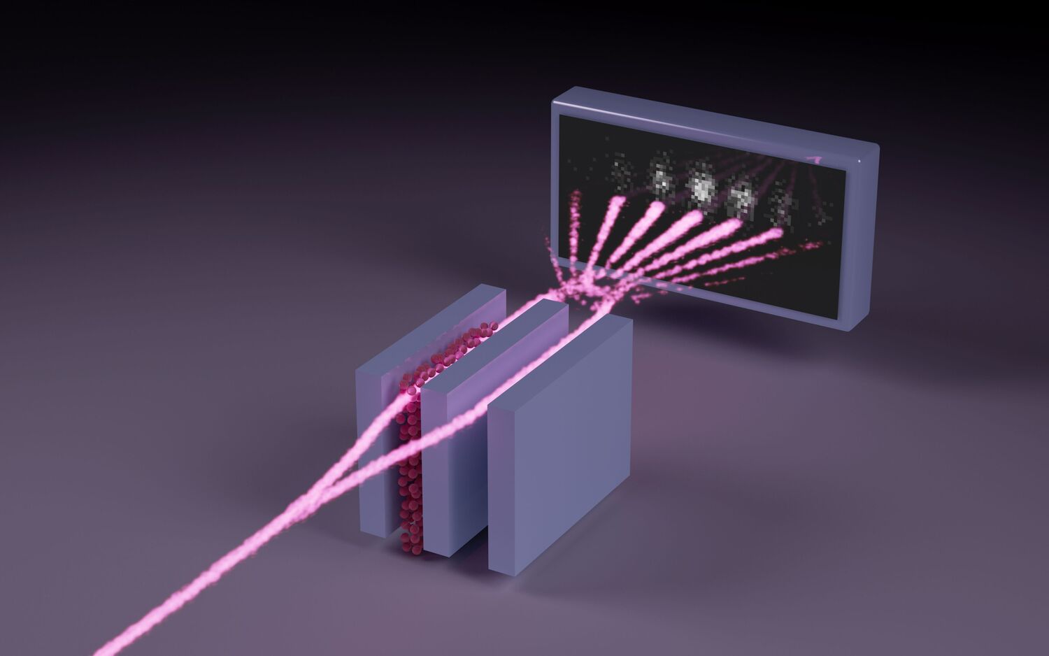 Vorgänge im Röntgen-Interferometer: Der Pfad eines einzelnen Photons (pink) durchquert zwei Spalte gleichzeitig und fächert sich dahinter in ein charakteristisches „Interferenzmuster“ auf. Aus diesem wird die Stärke der Lichtbrechung durch die Eisen-Atome (rot) bestimmt, die sich in einem der beiden Spalte befinden.