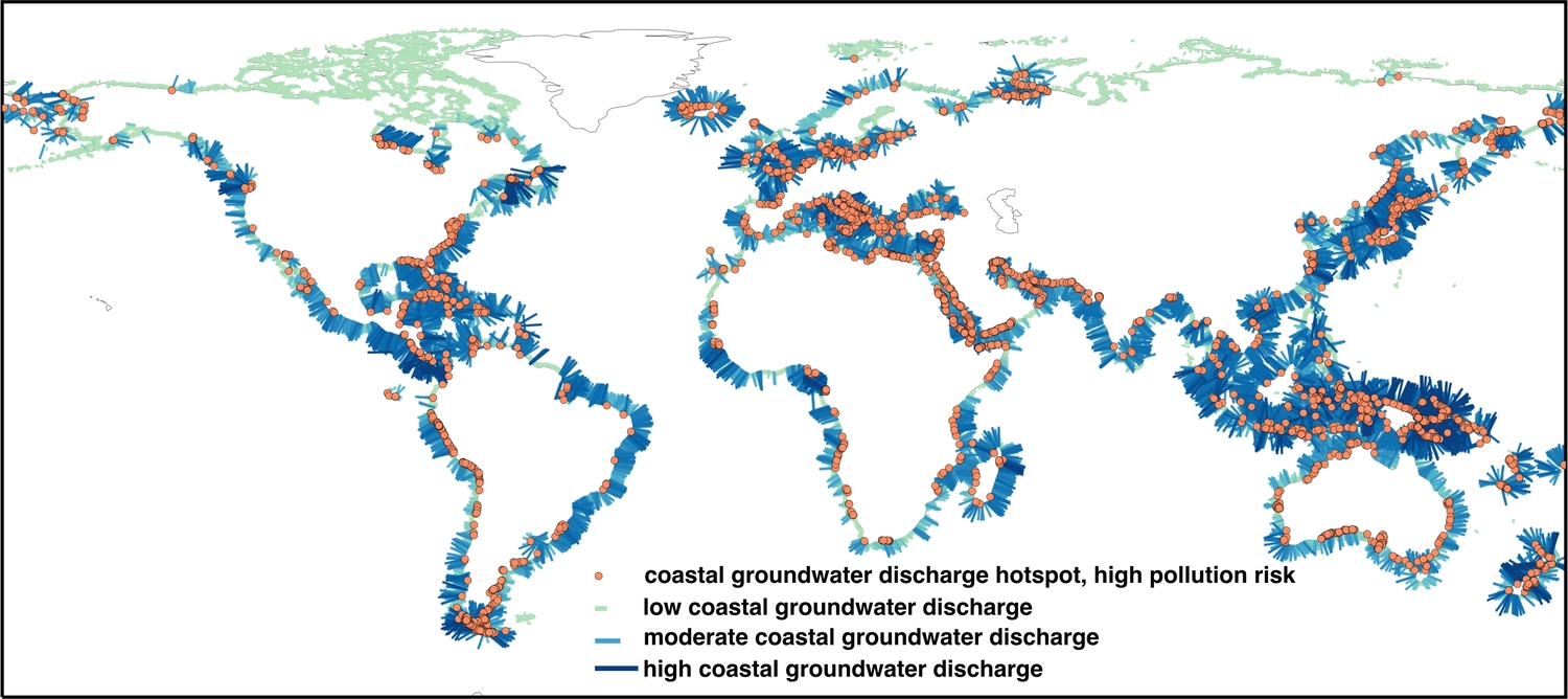 Global map of the magnitude of fresh groundwater discharge at the world’s coastlines. The map highlights coastal discharge hotspots where groundwater discharge is high enough to pose a risk for pollution of coastal ecosystems.