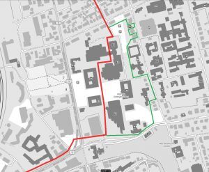 Evacuation area is left of red line. In addition, University buildings between the red and the green line will remain closed.