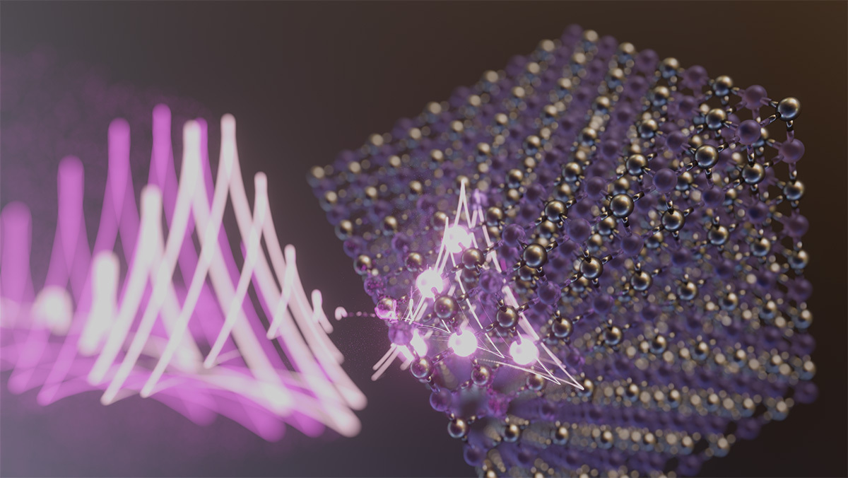 Künstlerische Darstellung der Beleuchtung eines Magnesiumoxid-Kristallgitters mit starken dreieckförmigen symmetrischen Laserfeldern.