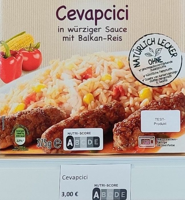 One of the products used in the experiment, in this case, featuring grey-scale Nutri-Score labels on the packaging and the price tag.