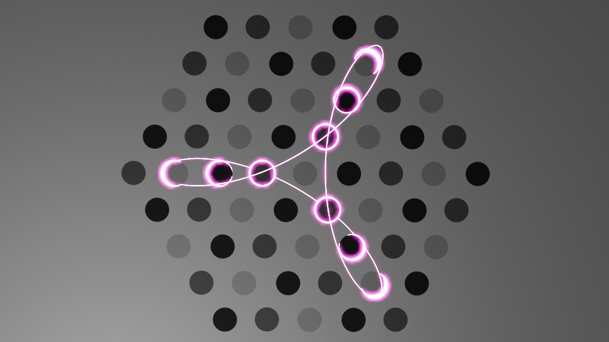 Schematische Darstellung der Wechselwirkung eines kleeblattförmigen Laserfeldes mit der Kristallstruktur einer Festkörperoberfläche