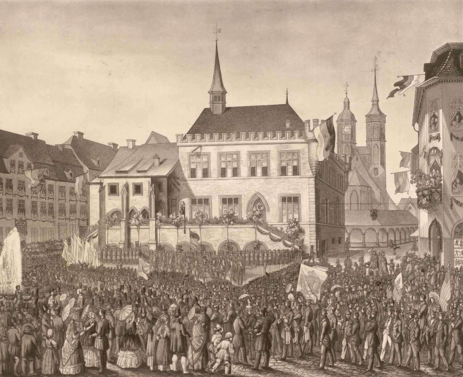 Empfang der zurückgekehrten Studierenden vor dem Göttinger Rathaus am 1. Mai 1848, Stich von Carl Loedel