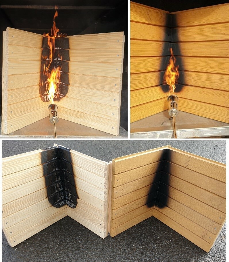 Fassadenelement (Eckverbindung) unter Beflammung – behandeltes Holz