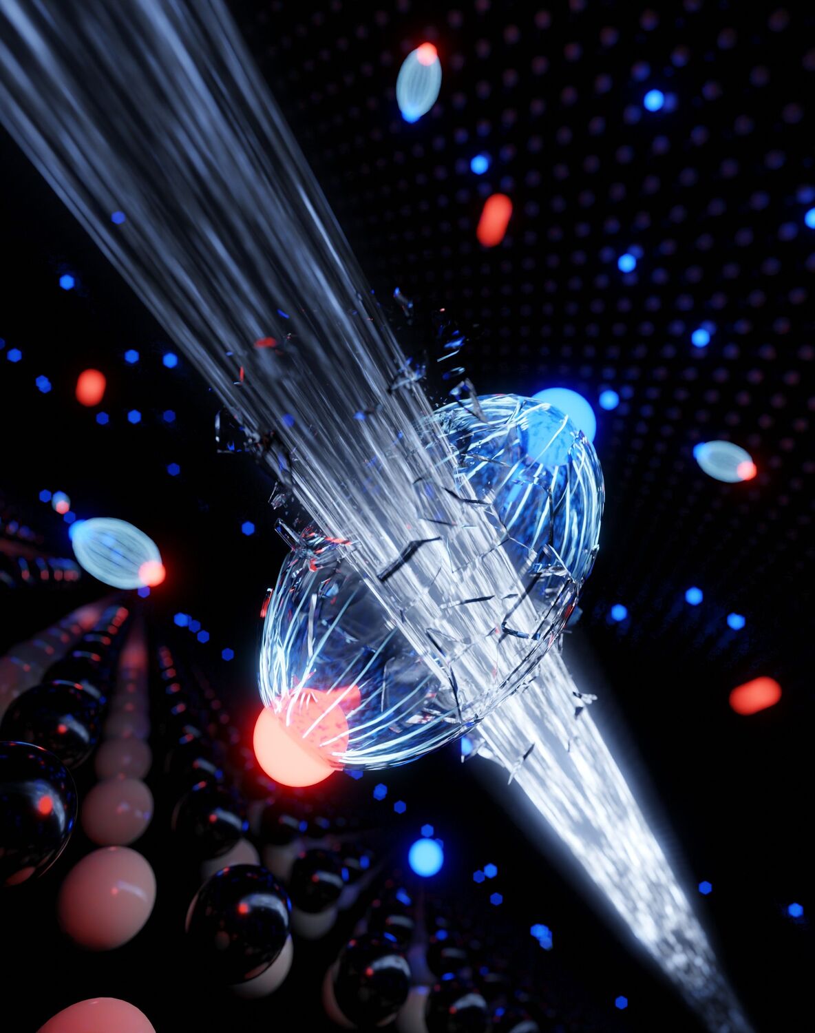An ultra-short flash of light breaks the bond between the electron (red) and the hole (blue), enabling research on charge-transfer processes in atomically thin semiconductors.