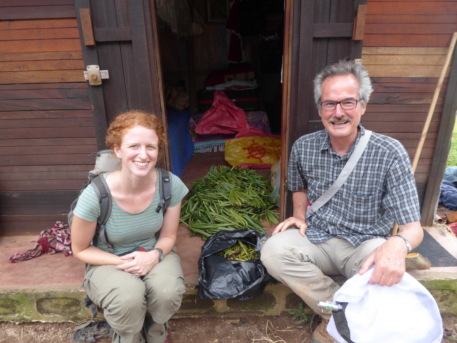 Annemarie Wurz and Teja Tscharntke with freshly harvested green vanilla. Vanilla is typically stored at the farmer’s house to protect them from theft.