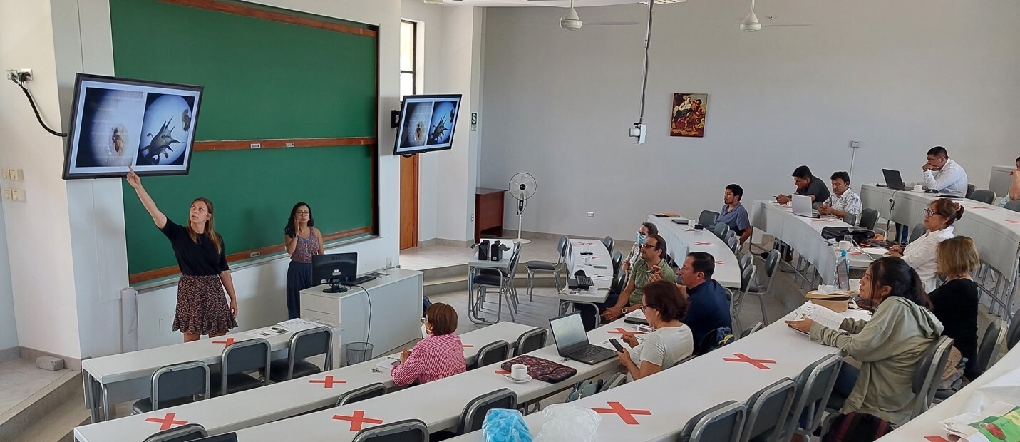 First author Carolina Ocampo-Ariza and co-author Justine Vansynghel explain their research findings to policy makers and local farmer cooperatives in Peru.