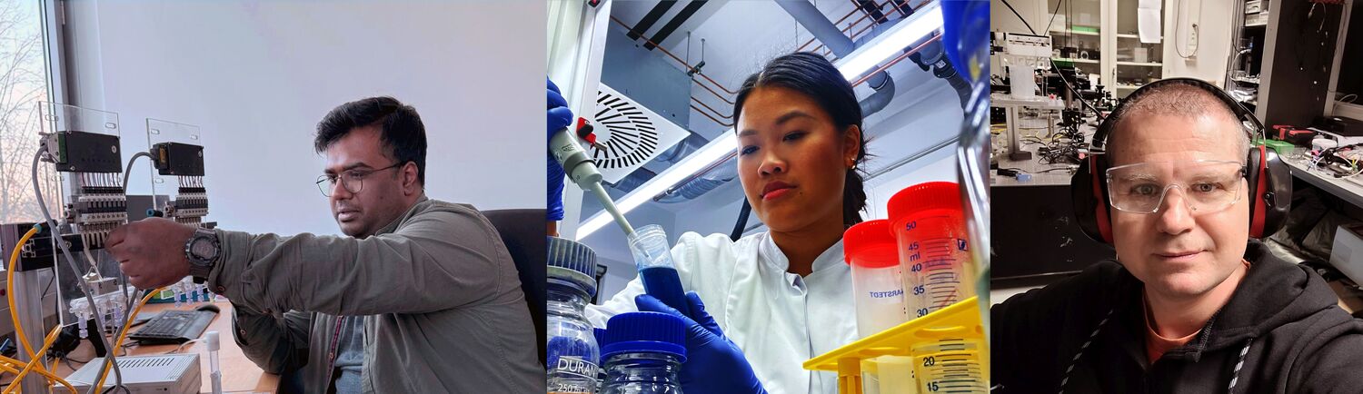 Von links nach rechts: Dr. Samrat Basak bei der Arbeit am neuen Mikrofluidik-System, Kim-Chi Vu bei der Vorbereitung spezialisierter Herzmuskelzellen und Dr. Roman Tsukanov im Optik-/Mikrofluidik-Labor