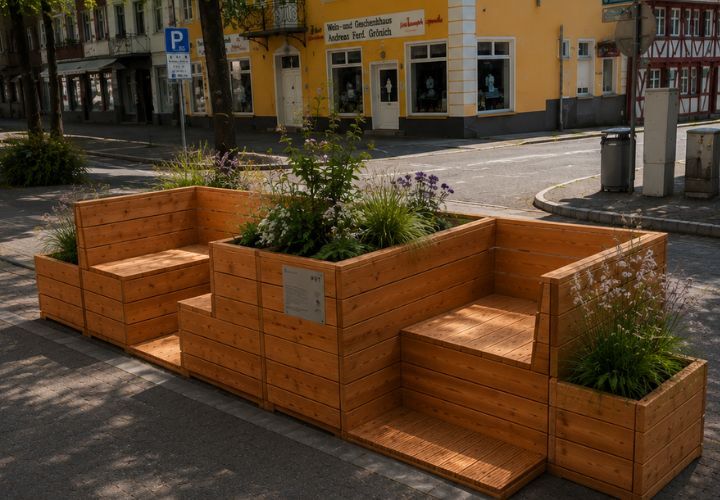 Zeitlich begrenzt werden die Parkplätze für Sitzgelegenheiten oder zur Begründung genutzt.