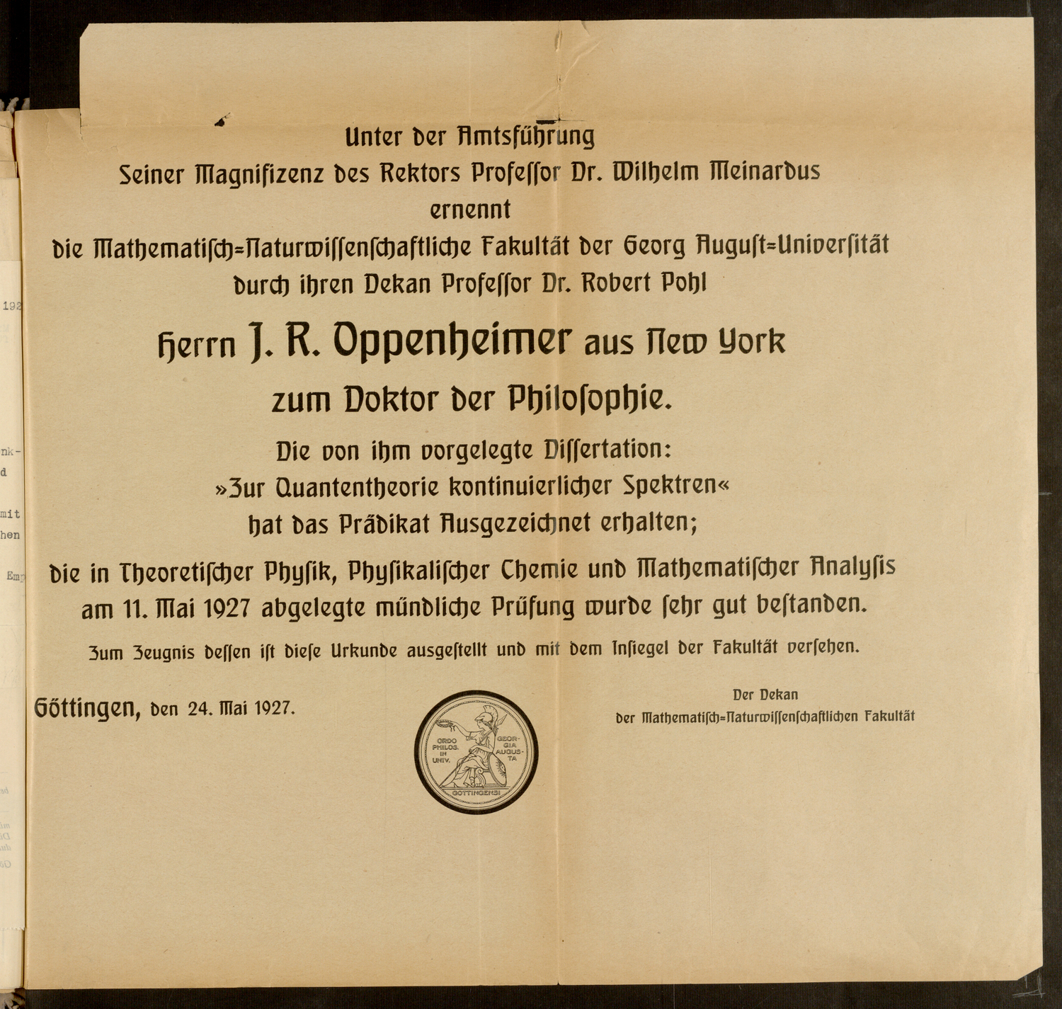 Zweitschrift von Oppenheimers Promotionsurkunde