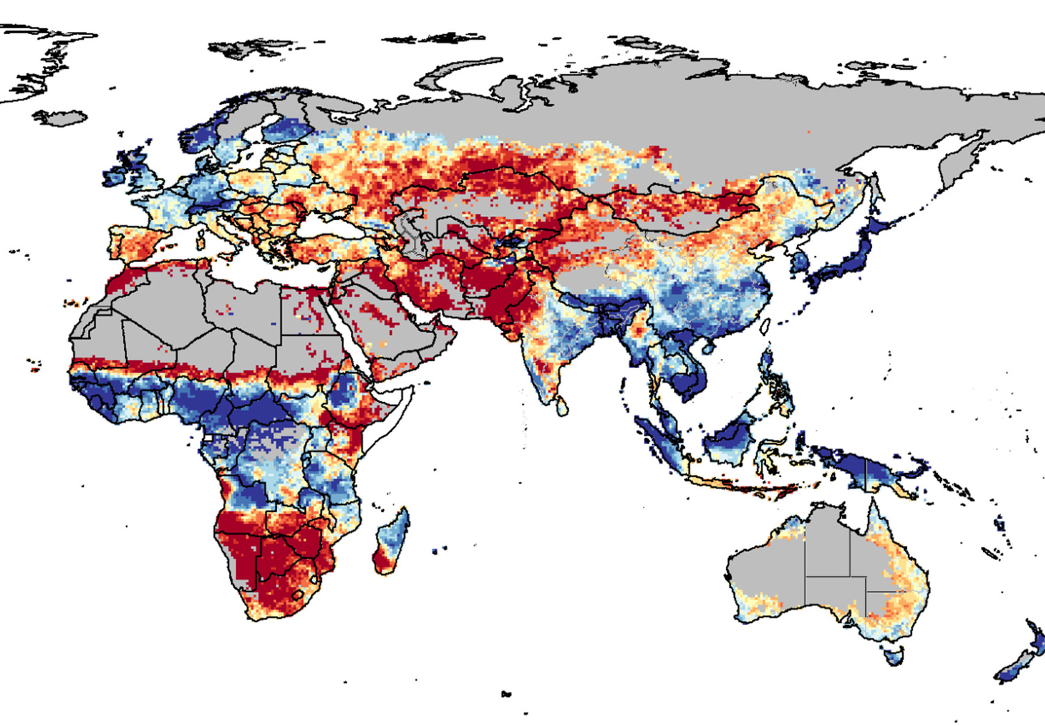 Dürrerisiko im Regenfeldbau, berechnet für den Zeitraum 1981-2016.