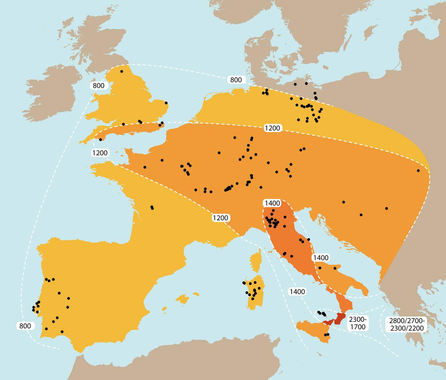 Map showing the spread of weighing technology in Bronze Age Europe (c. 2300-800 BC)