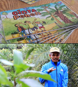 Information campaign: information on planting trees in oil palm plantations was communicated by means of an illustrated information brochure (above) and a film (below). Both were produced in collaboration with local artists.