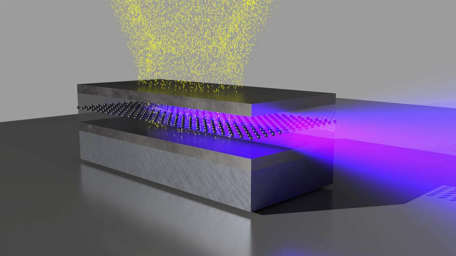 An artist impression of X-rays (purple) emitted from the new type of X-ray source, where a layered structure which guides the beam is bombarded by electrons (yellow).