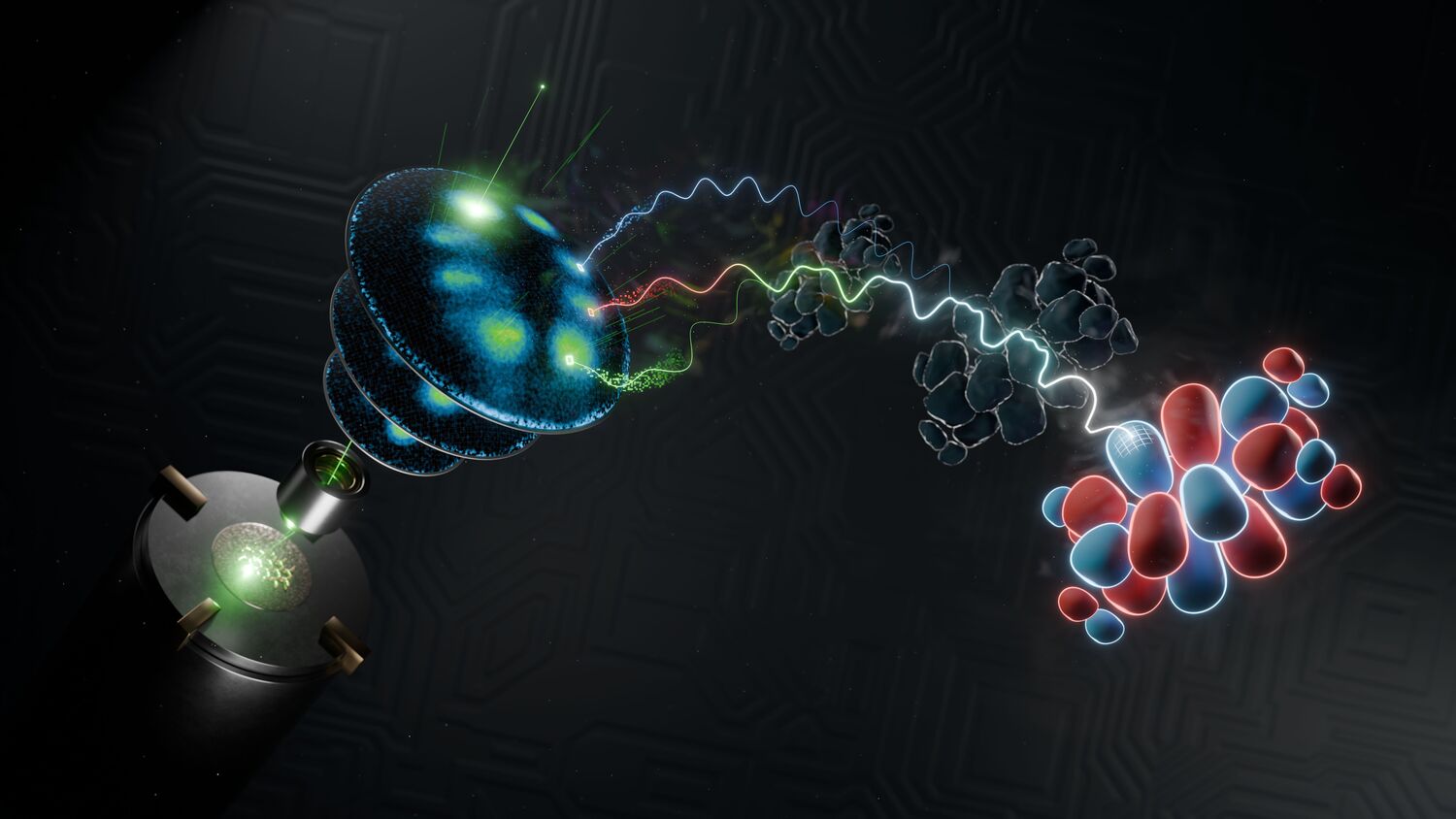 An illustration of how researchers used state-of-the-art photoelectron spectroscopy (left hand side) with a lab-based soft-X-ray light source that provides ultrashort light pulses, which was combined with powerful mathematical algorithms, to image the wavefunction of electron orbitals (right-hand side).