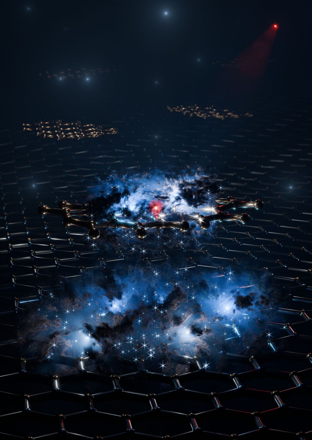 Artistic representation of the hybrid exciton wavefunction, with the electron shown in red and the hole distribution shown as a blue cloud