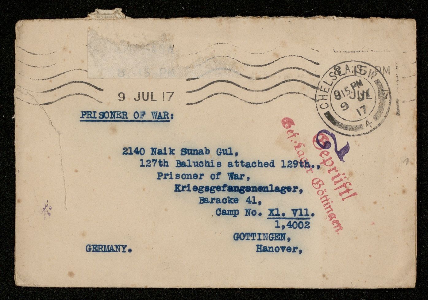 Umschlag eines Briefes an Sunab Gul, einer der Gefangenen, mit denen Friedrich Carl Andreas zusammenarbeitete, ca. 1917