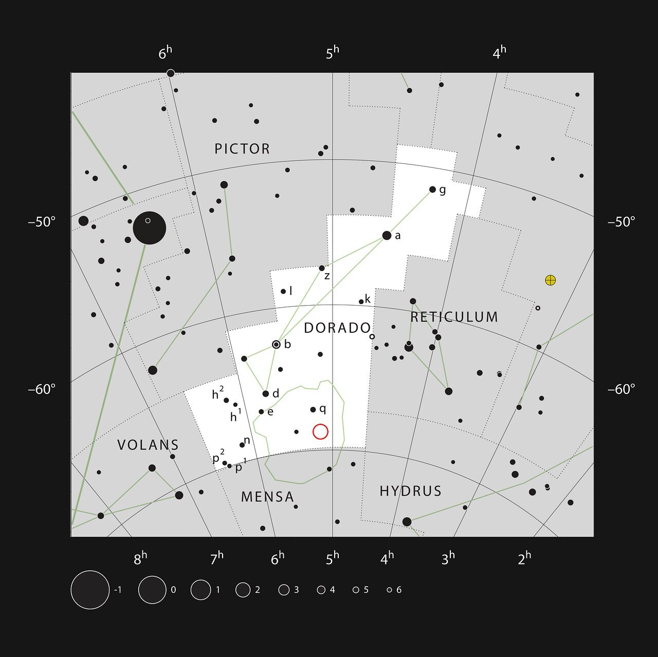 Location of the NGC 1850 cluster in the constellation Dorado shown in a chart mapping  the southern constellation Dorado and other stars in that region of the sky, most of which can be seen with the naked eye on a clear dark night. NGC 1850 — a cluster of thousands of stars roughly 160,000 light-years away in the Large Magellanic Cloud, a Milky Way neighbour — is marked with a red circle.