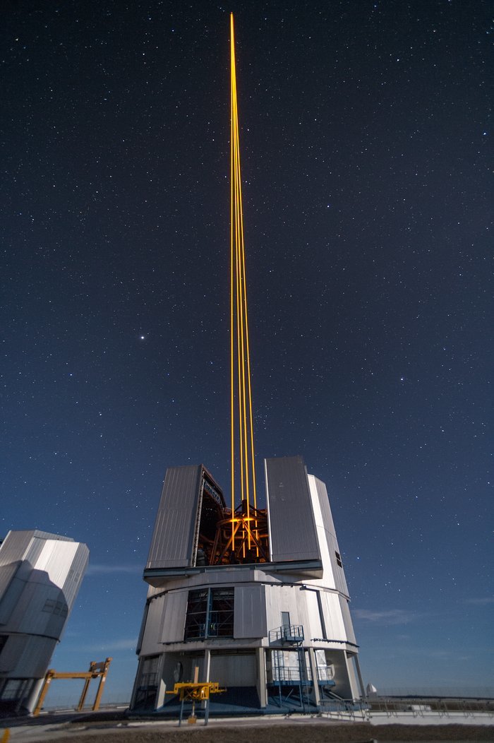 The telescope used to view the 2,000-year-old remnant of the nova: the most powerful laser guide star system in the world showing its four laser beams coming from the system at the main telescope 4 at the VLT (Very Large Telescope).
