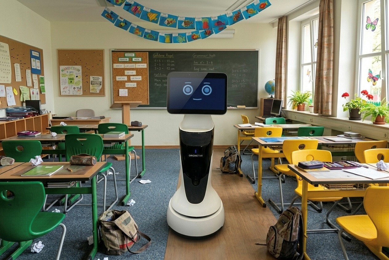 Telepräsenzroboter (MiniBot) mit Avatar-Darstellung im Klassenzimmer (KI-bearbeitet)