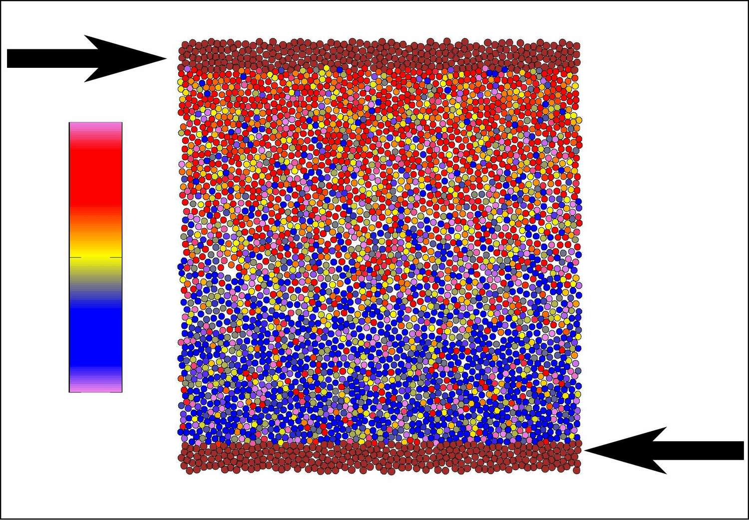 Ein Schnappschuss aus der Simulation der Forscher. Die Farben zeigen die Ausrichtung der Selbstantriebskräfte an, zum Beispiel blau für abwärts und rot für aufwärts; benachbarte Partikel scheinen tendenziell in ähnliche Richtungen orientiert zu sein.